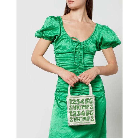 Ganni Dresses & Skirts - GANNI EU 38 green ruched puff shoulder holiday Midi Dress